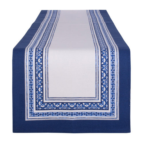 108" Table Runner with Blue Striped Floral Design