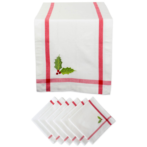 Set of 7 White With Embroidered Holly Leaf Table Runner 72"