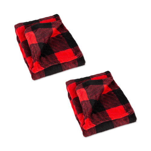 Set of 2 Red and Black Coral Fleece Buffalo Checkered Throw Blankets 50" x 60"