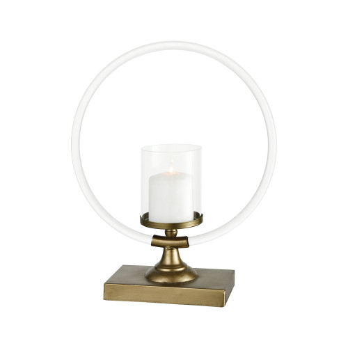 19.75" White Acrylic Ring Design Sphere of Ambiance Glass Candle Holder with Gold Metal Base
