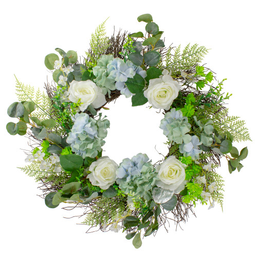 Hydrangea, Rose and Geranium Artificial Floral Spring Wreath, White and Blue - 24-Inch
