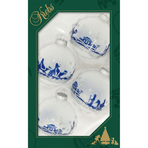 4ct White and Blue Bethlehem Scene Frost Christmas Ball Ornaments 2.5" (60mm)
