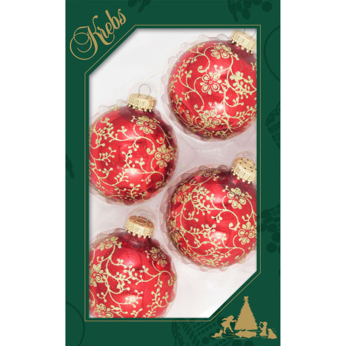 4ct Red and Gold Floral Glitter Lace Shiny Christmas Ball Ornaments 2.5" (67mm)