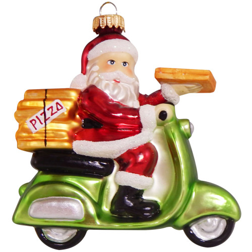 3.75" Green and Red Pizza Delivery Santa Figurine Christmas Ornament