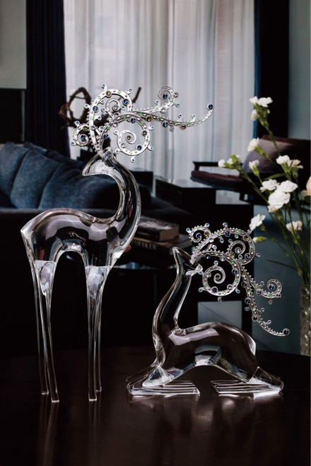 Set of 2 Clear Silver Jeweled Antler Deer Tabletop Decor 13.75"