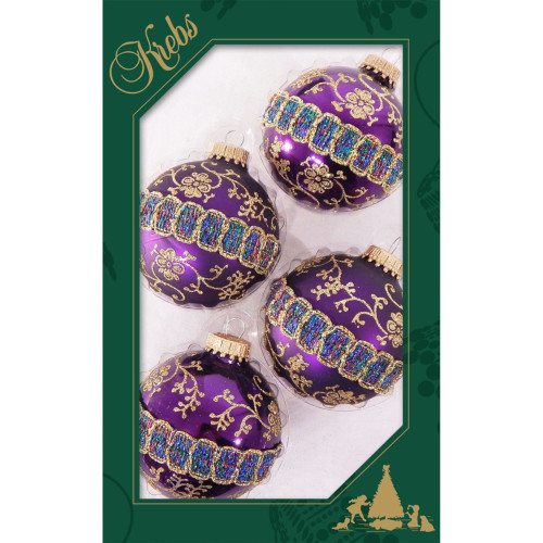 4ct Magenta Purple and Gold Glitterlace 2-Finish Christmas Ball Ornaments 2.5" (67mm)