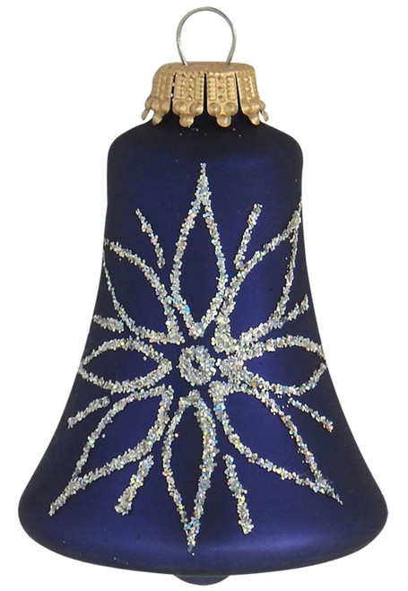 4ct Navy Blue Matte Glass Christmas Bell Ornaments with Silver Starburst 3" (76mm)