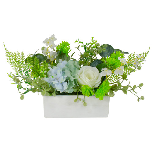 14-Inch Blue and White Hydrangea and Rose Artificial Floral Arrangement in Planter