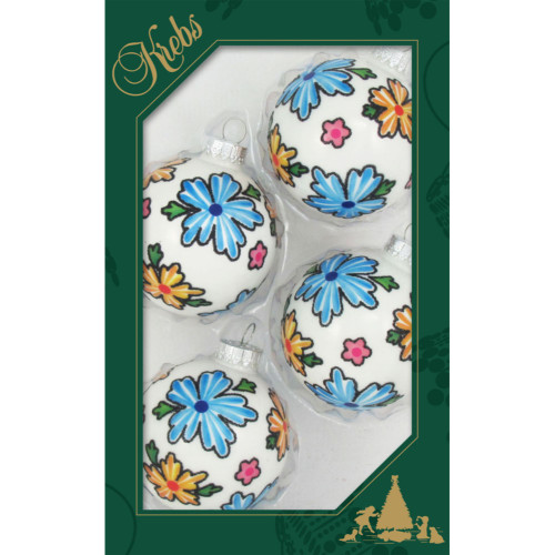 4ct Porcelain White and Blue Boho Flowers Matte Christmas Ball Ornaments 2.5" (60mm)
