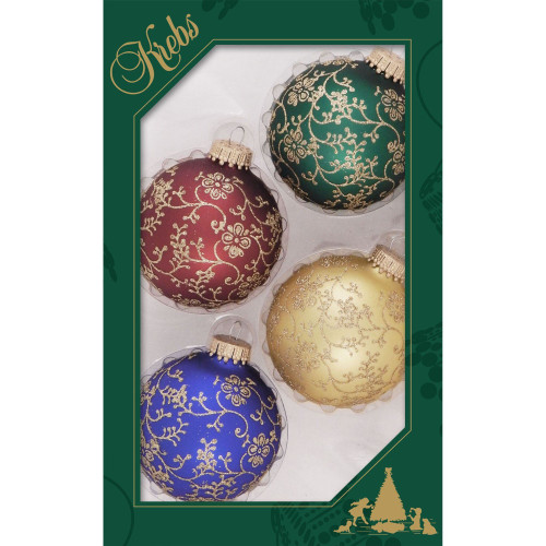 4ct Vibrantly Colored Traditional Glitterlace Christmas Ball Ornaments 2.5" (67mm)