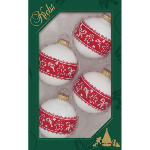 4ct Porcelain White Gingerbread and Candy Canes Matte Christmas Ball Ornaments 2.5" (67mm)