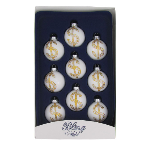 9ct Porcelain White and Gold Rhinestone Dollar Sign Christmas Ball Ornaments 2.25" (57mm)