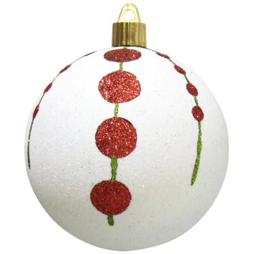 4ct Snowball White and Red Strings of Dots Shatterproof Glitter Christmas Ball Ornaments 4" (100mm)