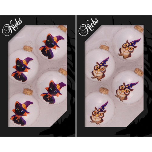 8ct White Cat and Owl Halloween Ball Ornaments 2.5" (67mm)