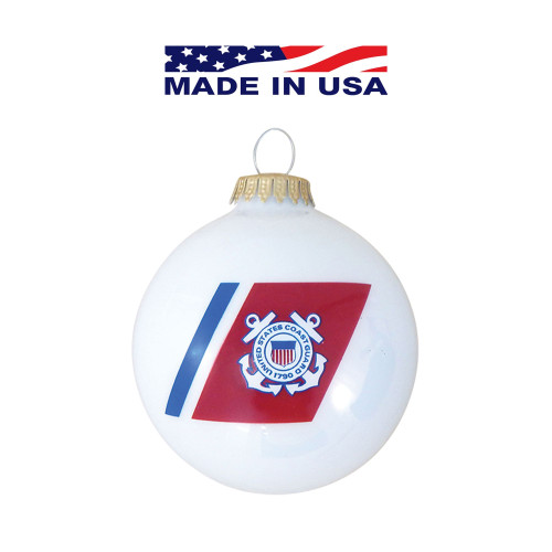 Matte White and Red US Coast Guard Logo and Hymn Glass Christmas Ball Ornament 3.25" (80mm)