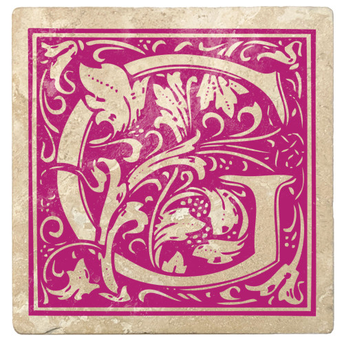 4pc Ivory and Tutti Frutti Pink Alphabet "G" Square Monogram Coasters 4"