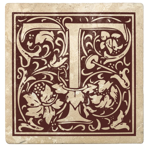 Set of 4 Ivory and Brown "T" Square Monogram Coasters 4"