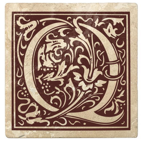 Set of 4 Ivory and Brown "Q" Square Monogram Coasters 4"