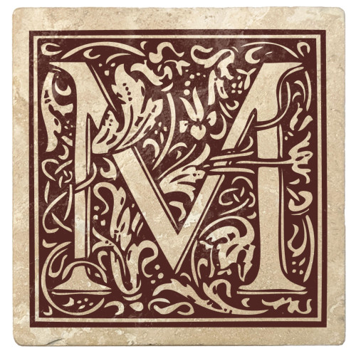 Set of 4 Ivory and Brown "M" Square Monogram Coasters 4"