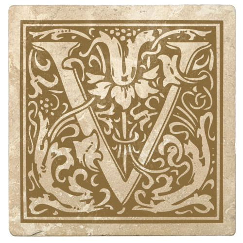 Set of 4 Ivory and Harvest Gold Alphabet "V" Square Monogram Coasters 4"