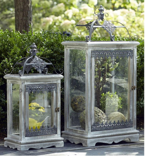 Set of 2 Distressed Wood Pillar Candle Lanterns with Crafted Metal Work 38.5"