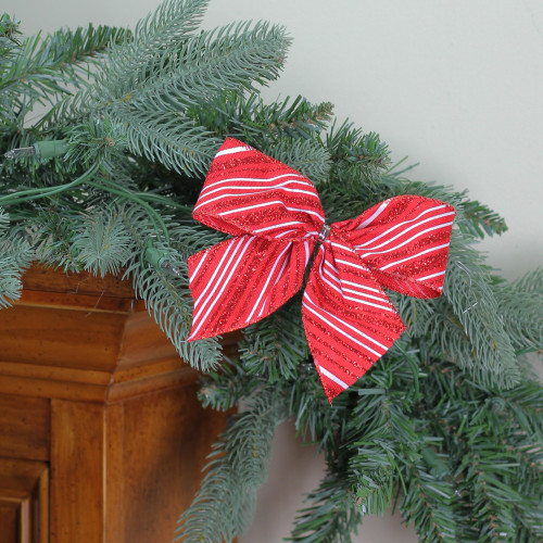 Set of 6 Red and White Candy Cane Glitter Striped Christmas Bow Decor 5"
