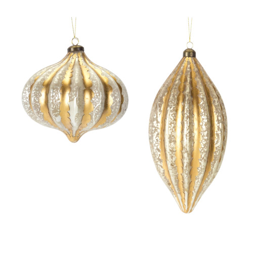 Set of 12 Gold Spherical and Elongated Oval Glass Ornaments 9.25”
