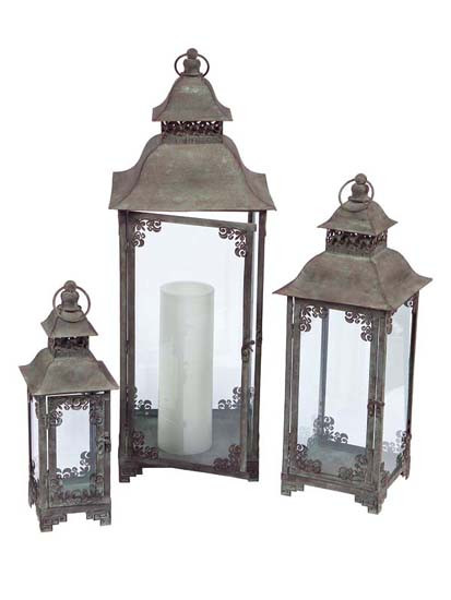 Set of 3 Brown and Clear Antique Style Multi-Sized Candle Lanterns 29"