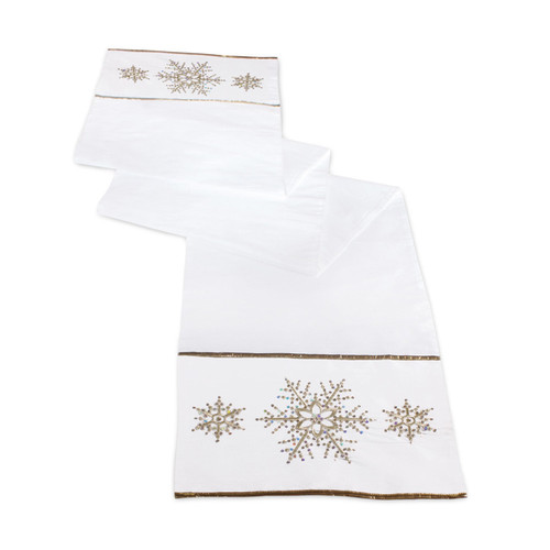 Set of 4 White and Brown Polyester Sequin Snowflakes Runner 72”