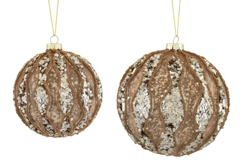 Club Pack of 12 Sparkling Brown and Silver Christmas Ornamental Ball with Hanging Ropes 4"