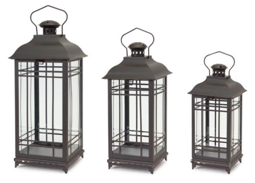 Set of 3 Rustic Black Coffee Mission-Style Glass Pillar Candle Lanterns 20"