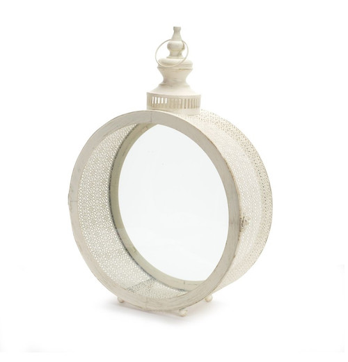 22” White Distressed Circular Lantern with Vented Top and Glass Panes