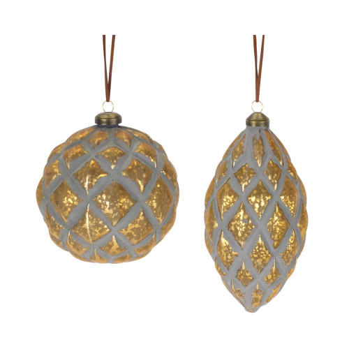 Set of 12 Gold and Gray Round and Elongated Oval Glass Ornament 7”