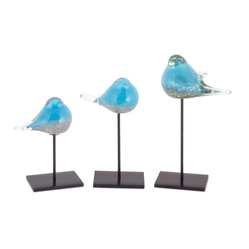 Set of 3 Blue and Black Bird on Stand Tabletop Decoration 10.25”