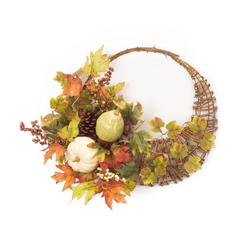 Set of 2 Artificial Pumpkin, Gourd and Fall Leaves Twig Cornucopia 20.5" - 34152503