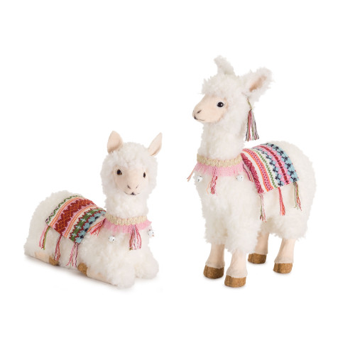 Set of 2 White and Brown Sitting and Standing Llama Figurines 16"