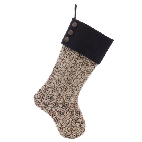Set of 4 Black and Beige Cotton Pattern Stocking Snowflake 18.25”