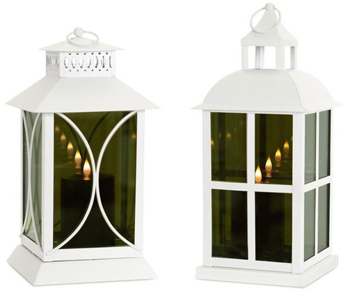 Pack of 2 Crisp White Mirrored Glass Lantern with Moving Flame Candle 16.75”