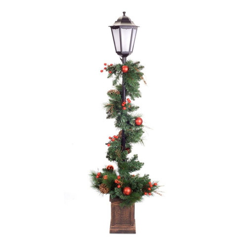 5' Festive Red and Green Artificial Lantern with Pine and Lights Potted