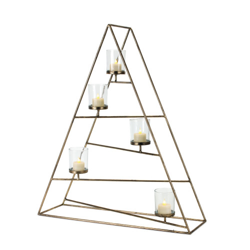 Set of 2 Rustic Gold Iron Triangular Shaped with Clear Glasses Votive Candle Holder 23.75"