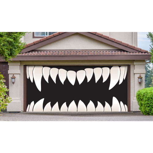 7' x 16' Cream White and Black Double Car Halloween Garage Door Banner