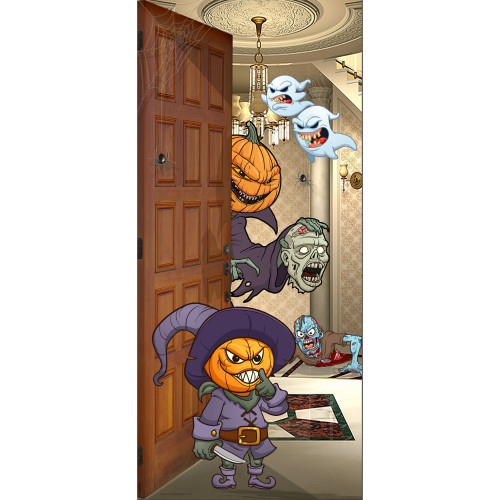36" x 80" Purple and Orange Pumpkin Heads Halloween Front Door Banner Mural Sign Decoration