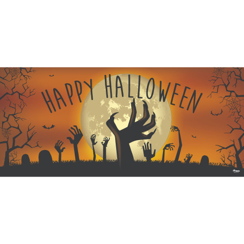 7' x 16' Orange and Black Zombie Hands Halloween Double Car Garage Door Banner