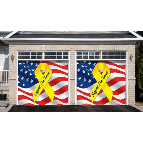 7' x 8' Blue and Red Split Car Garage Door Banner Reads "Support Our Troops"