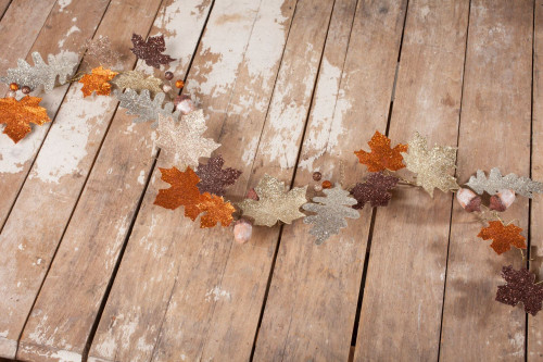 43" Orange and Brown Glitter Elegant Fall Leaf Thanksgiving Garland