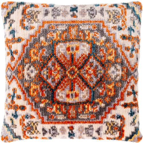 21" White and Orange Persian Hexagonal Patterned Throw Pillow - Down Filler