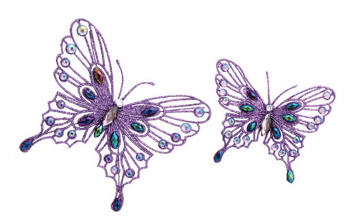 Set of 16 Purple Jeweled Butterfly Clip-On Christmas Ornaments 5.75"