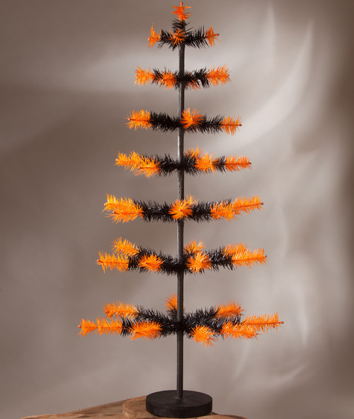 36" Orange and Black Toned Feather Halloween Decorative Tree