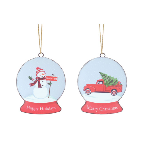 Set of 12 White and Red Snowman and Truck Snow Globe Disc Ornament 28"