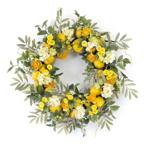 Set of 2 Green and Yellow Plastic with Foam Lemon Floral Wreath 28”